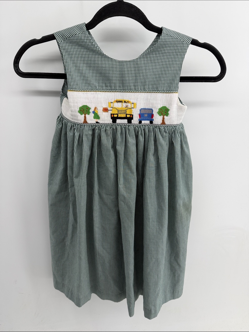 Mom & Me gingham plaid smocked school bus embroidered sleeveless tank dress sz 5